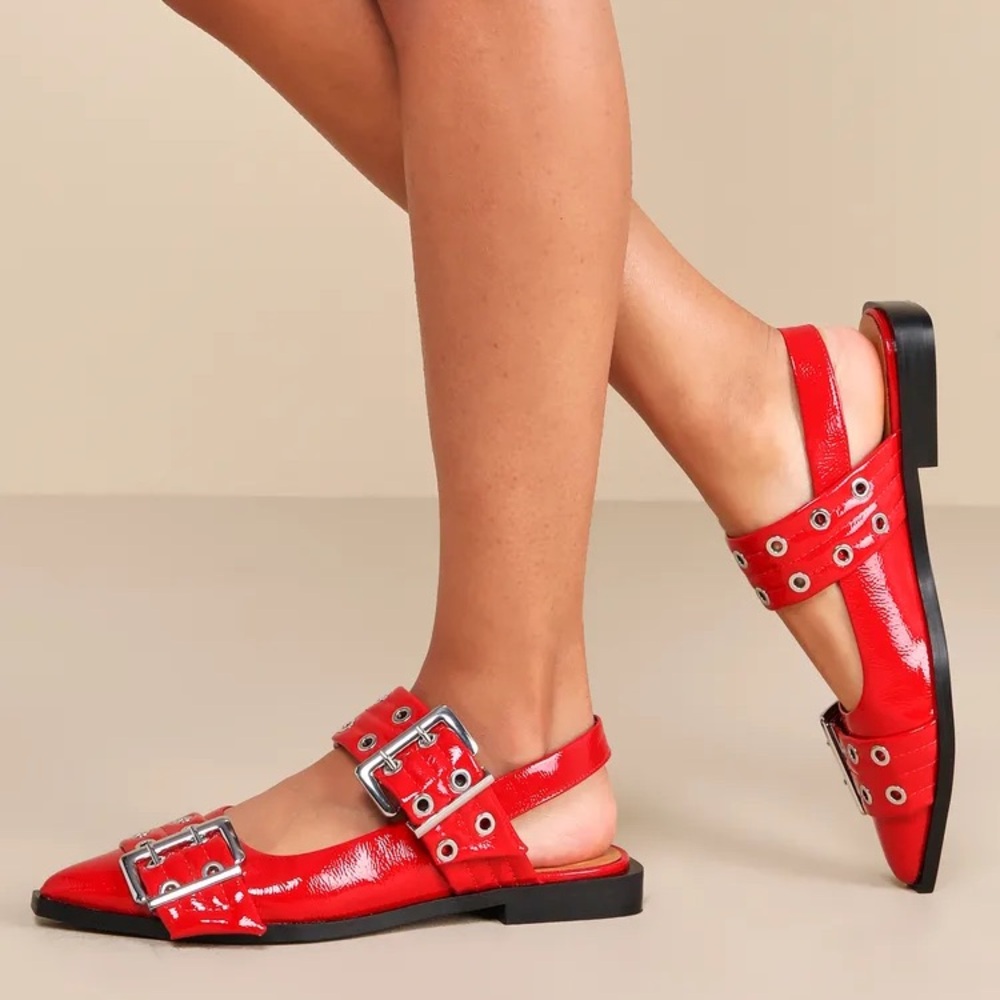 Steve Madden Red Patent Leather Pointed Slingback Flats with Grommet Strap